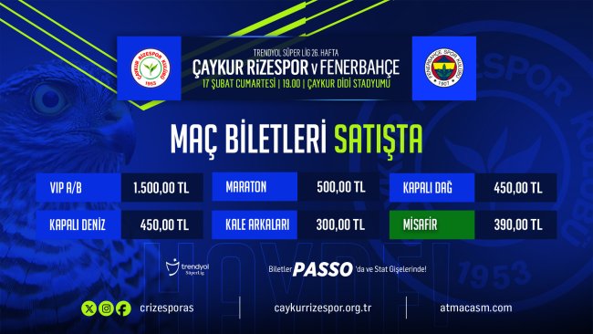ÇAYKUR RİZESPOR – FENERBAHÇE MAÇI BİLETLERİ SATIŞA ÇIKTI