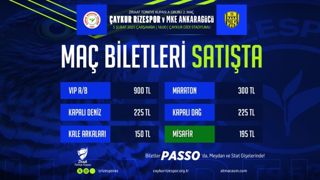 ÇAYKUR RİZESPOR - MKE ANKARAGÜCÜ MAÇ BİLETLERİ SATIŞA ÇIKTI!