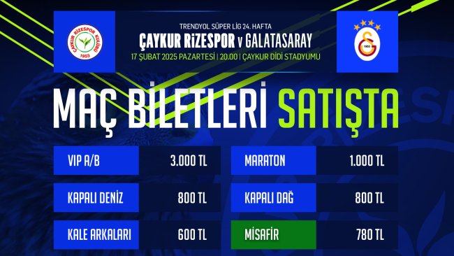 ÇAYKUR RİZESPOR – GALATASARAY MAÇI BİLETLERİ NE KADAR? İŞTE FİYATLAR VE DETAYLAR